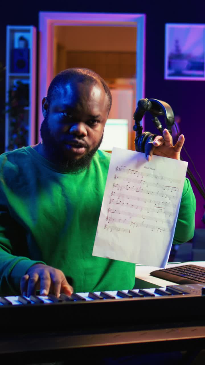 Afroamerikansk mand, der viser noder og spiller keyboard i hjemmestudie