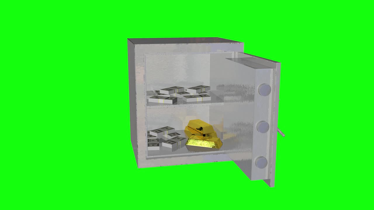 8 animací osobního trezoru s penězi a zlatými cihlami uvnitř, otevírání truhly na zelené obrazovce, chroma key 3D.