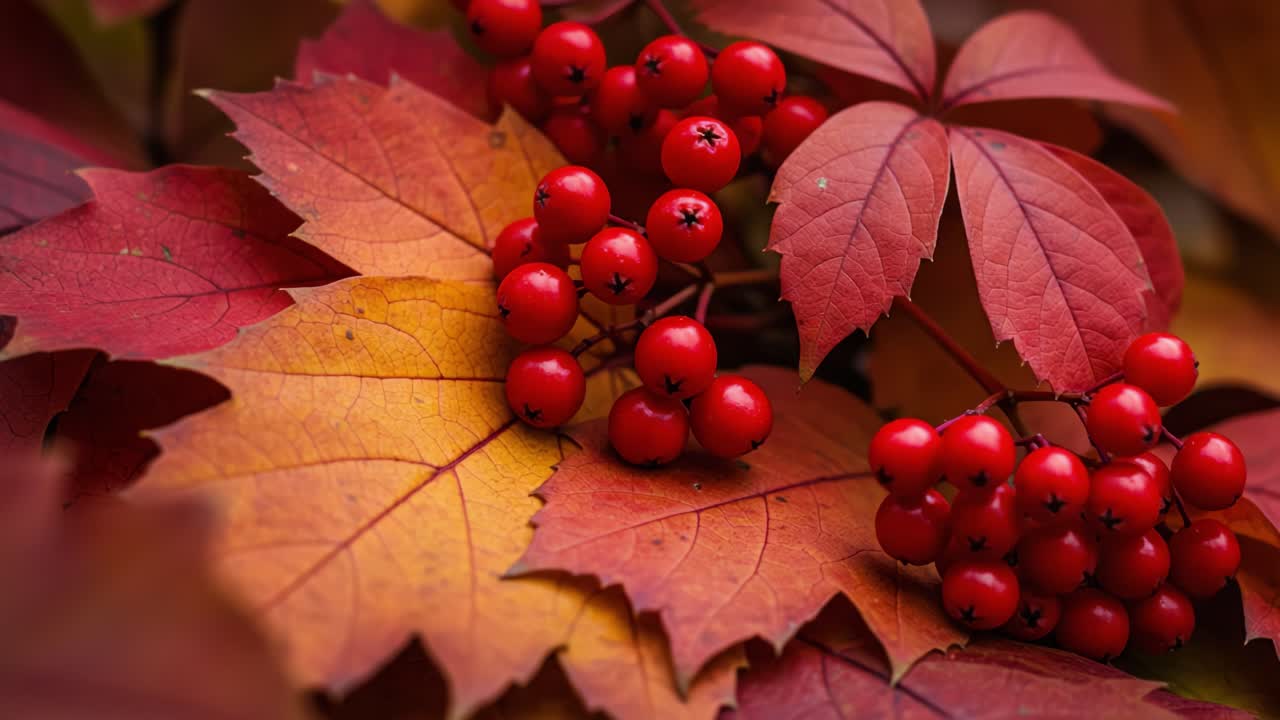 Vibrant Red Berries and Multicolored Leaves: A Stunning Autumn Composition Captured in Two Frames that Showcases the Beauty of Nature's Seasonal Transition