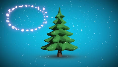 luces brillantes decorativas contra los copos de nieve que caen sobre el icono del árbol de navidad sobre un fondo azul