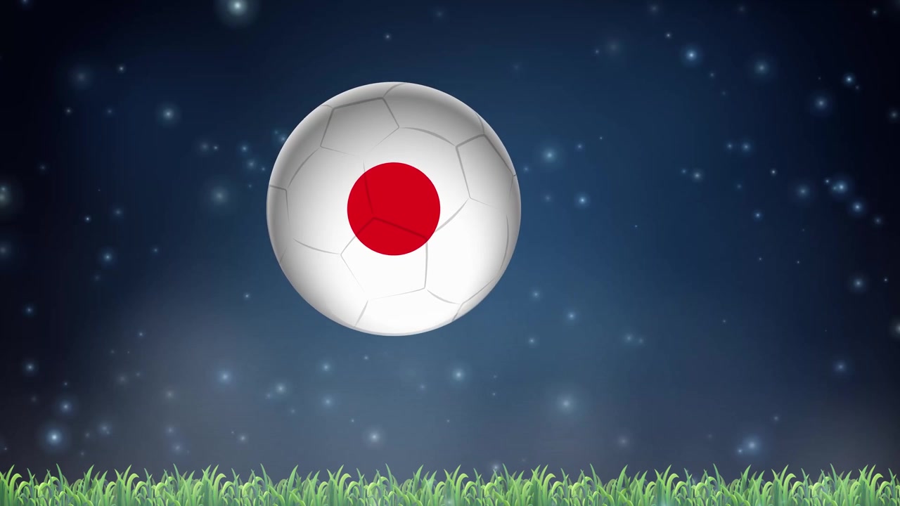 Stylized soccer ball bounces across green grass against a dark, glowing particle night sky.