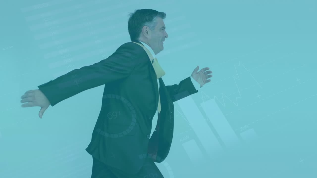 Animation of data processing over caucasian businessman running