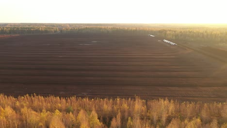 Aerial-view-of-the-large-wide-brown-peat-field-in-Kaunas-county,-Lithuania