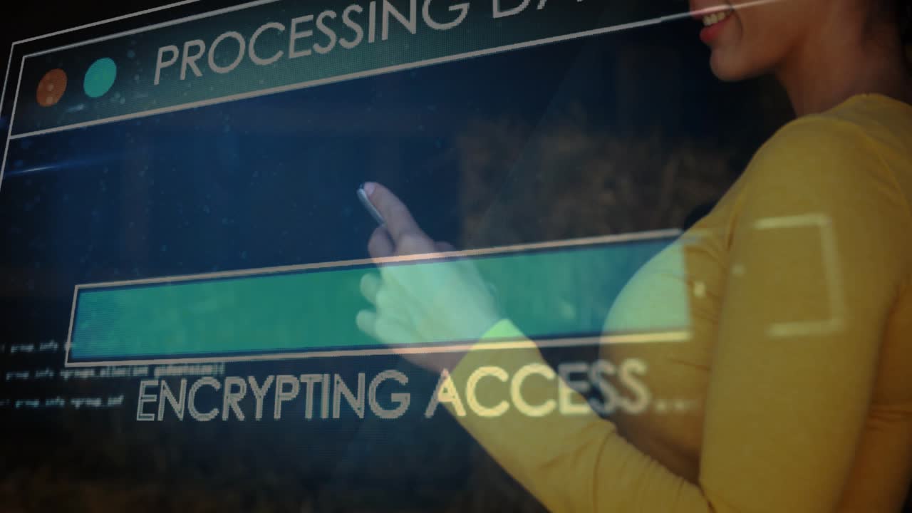 Technology user tapping phone on glass panel starting data UI linking running finishing smiling