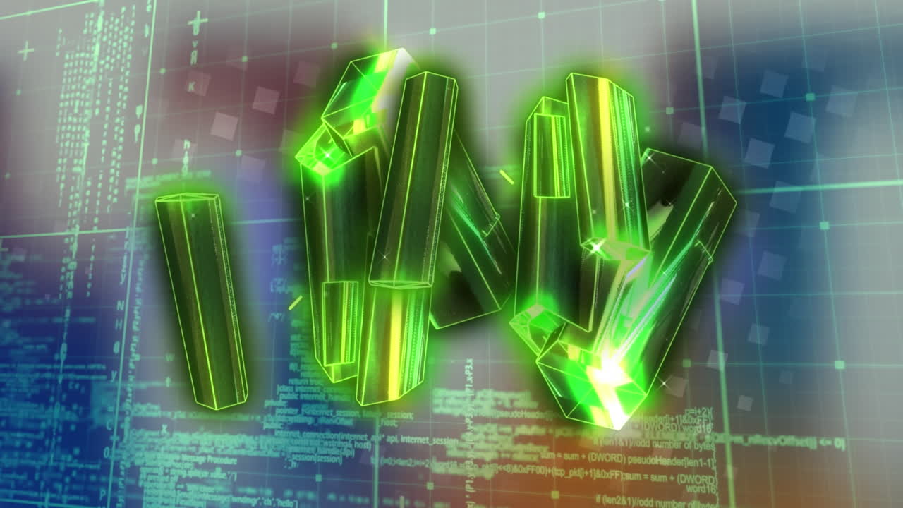 추상적인 배경에서 컴퓨터 언어에 대한 그리드 패턴 위의 3d 바의 애니메이션