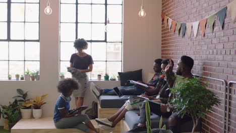 african american business students brainstorming team leader woman presenting project colleagues sharing ideas in office group meeting