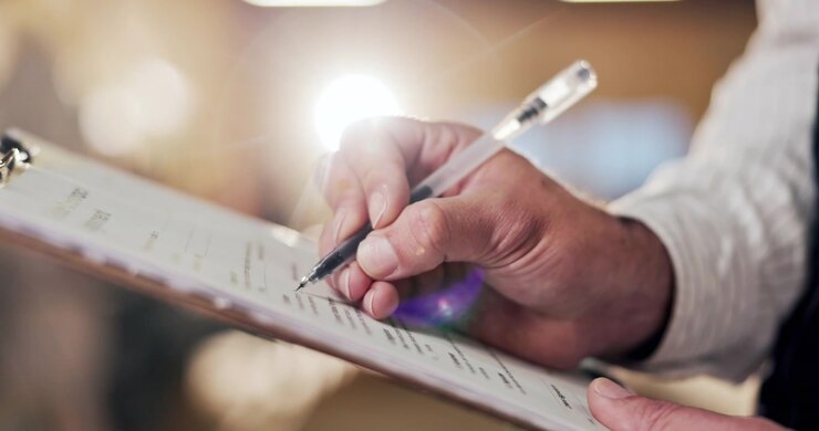 Person, der skriver på en clipboard i professionelle omgivelser