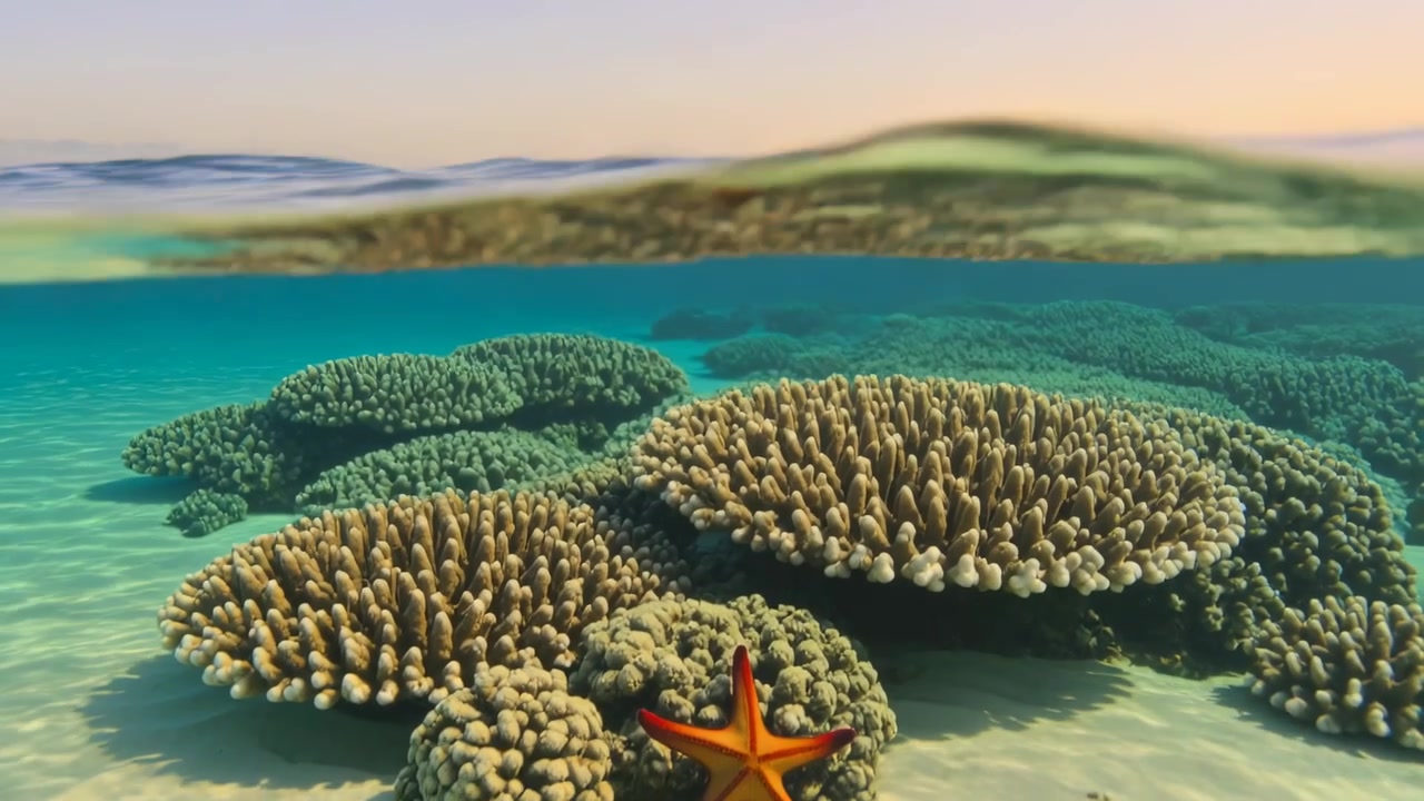 Superficie increspata che sposta la telecamera attraverso una barriera corallina poco profonda, rivelando coralli a tavola e stelle marine arancioni