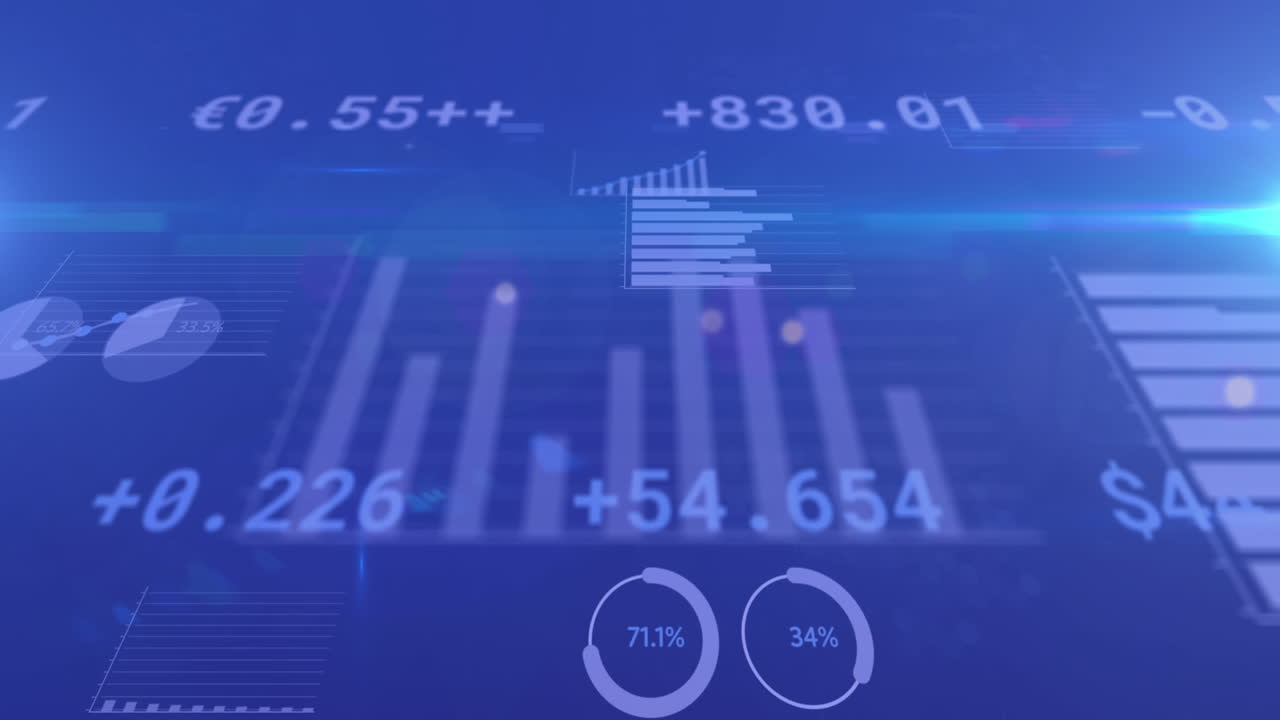 Animation of stock exchange financial data processing and statistics over blue background