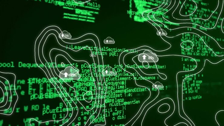 Animation of clouds with growing number over white lines and data processing