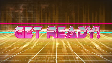 animation of get ready text banner over yellow grid network and light trails in seamless pattern