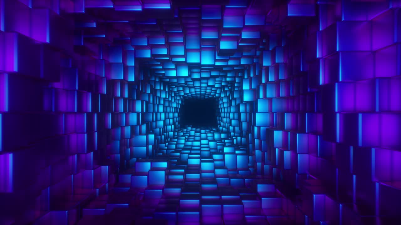 vuelo abstracto en corredor futurista, bucle sin costuras fondo 4k, luz ultravioleta fluorescente, túnel geométrico sin fin, espectro rosa azul, renderizado en 3d. pared de bloques cuadrados se está moviendo