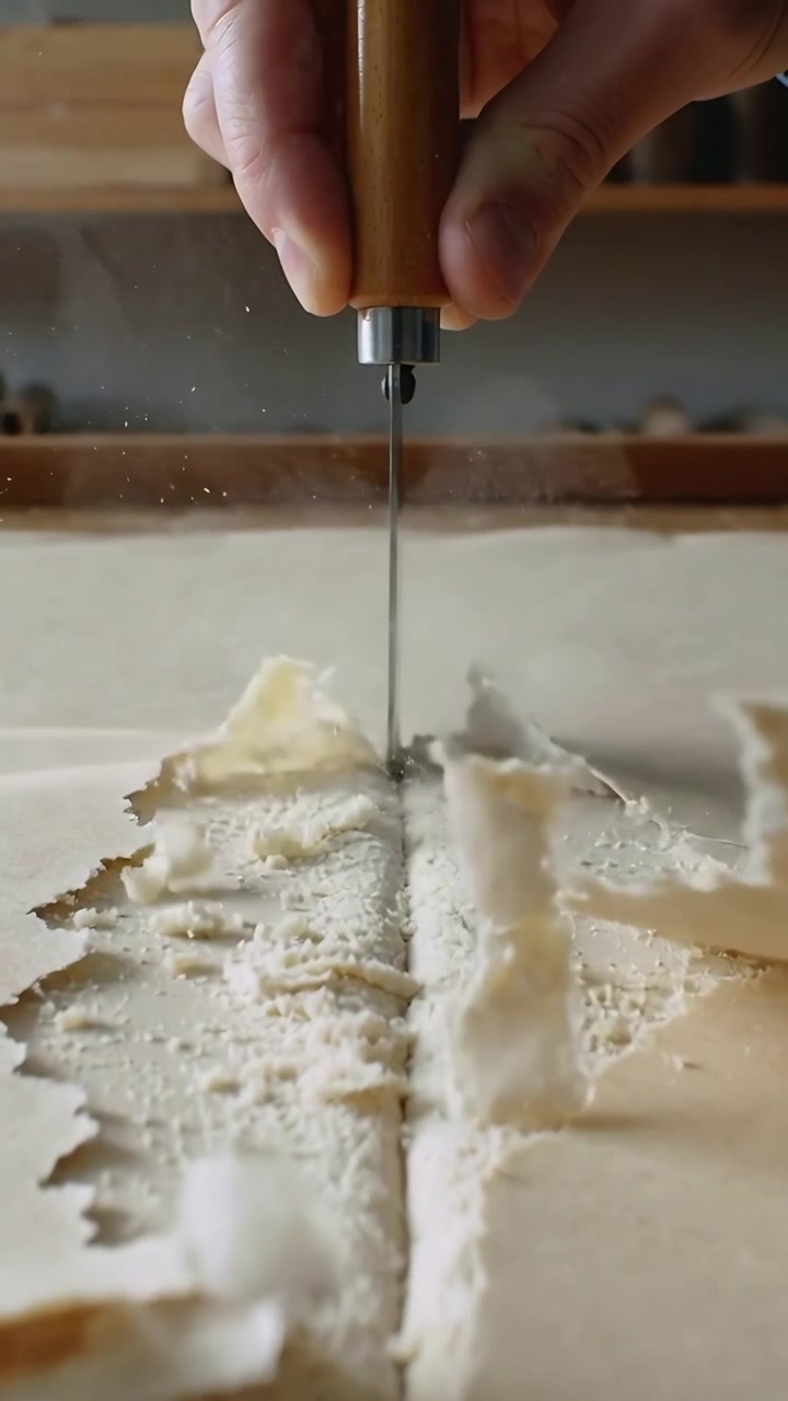 Vertikales Video: Abkratzen von Spachtelmasse, behandschuhte Hand hält Klinge, reinigt Naht an Werkbank zur Reparatur.