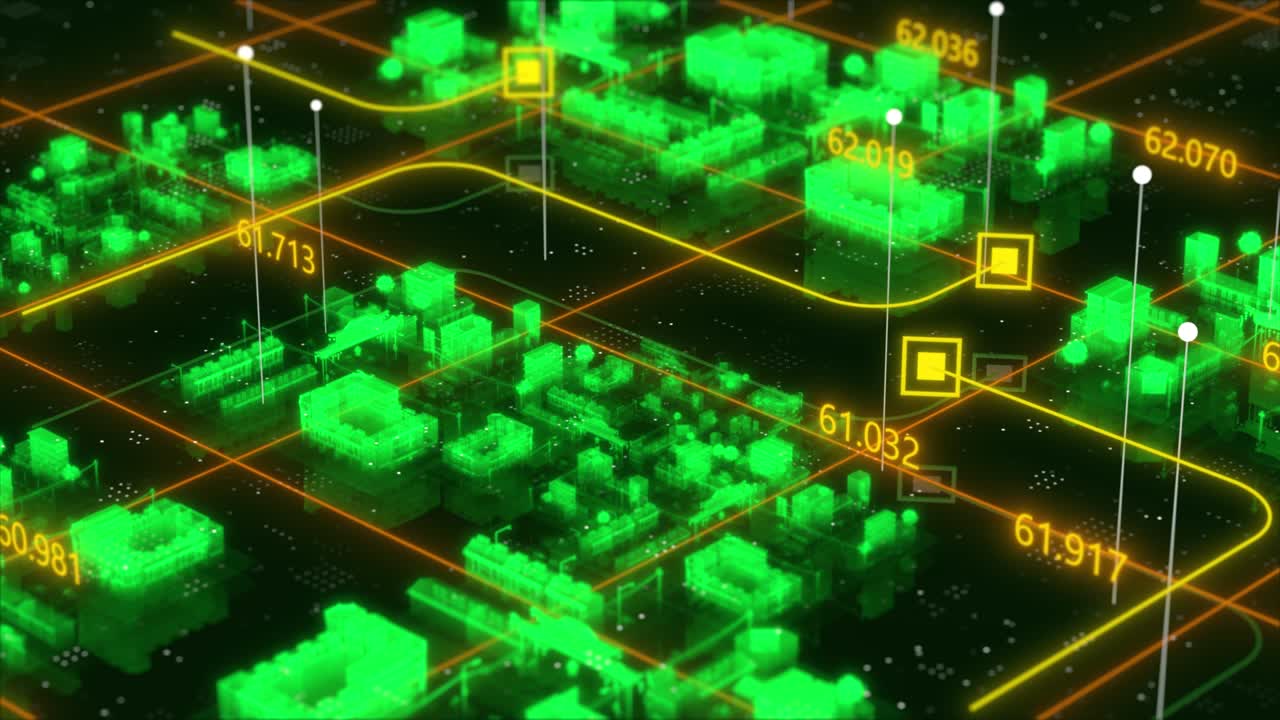 홀로그램 스마트 시티 애니메이션, 디지털 데이터, 고속 모바일 인터넷, 5g 네트워크 통신 기술 개념, 4k