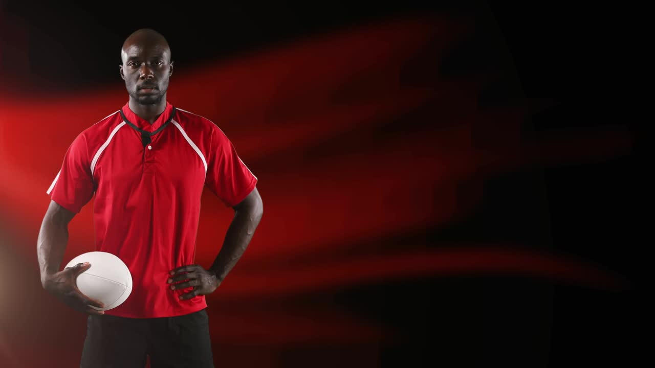 Animering av rugbyspelare som håller en boll mot glödande röd bakgrund