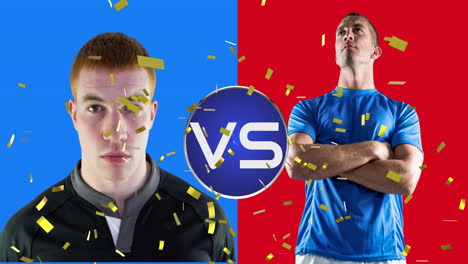 animation of confetti and vs text over two caucasian sportsmen