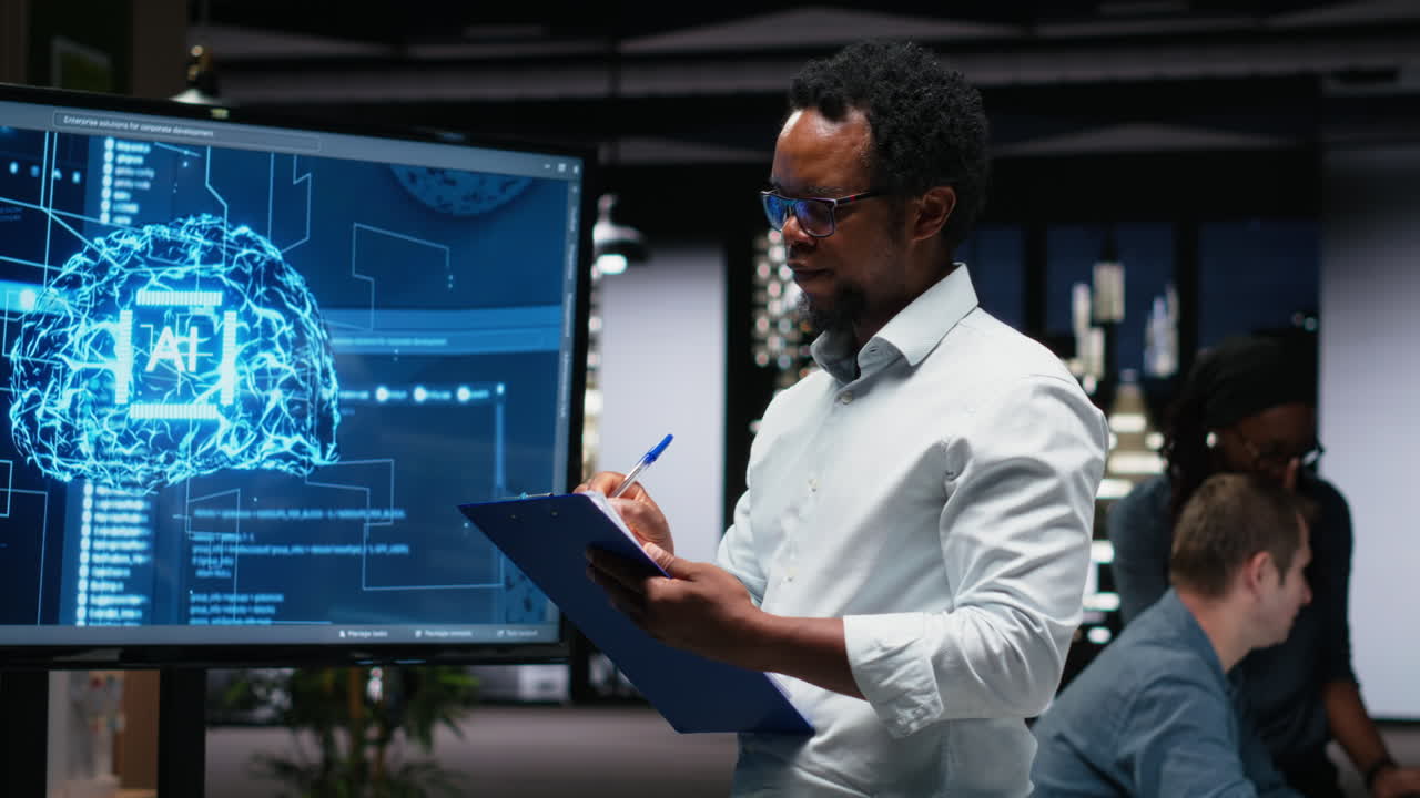 African American Man Writing Notes During AI Presentation in Modern Office