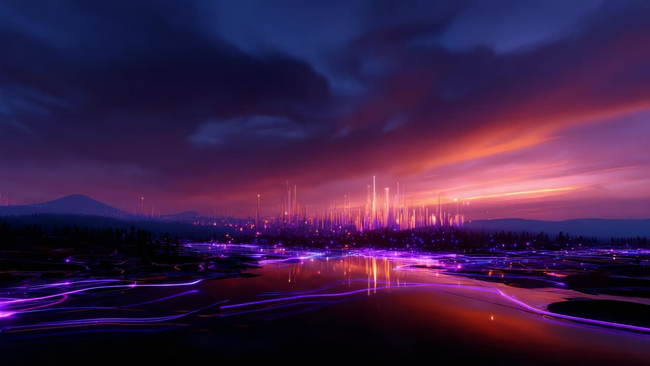 A mesmerizing landscape view of shimmering water reflecting vibrant purple light patterns under a dramatic sky filled with colorful clouds at dusk, creating a captivating and ethereal atmosphere