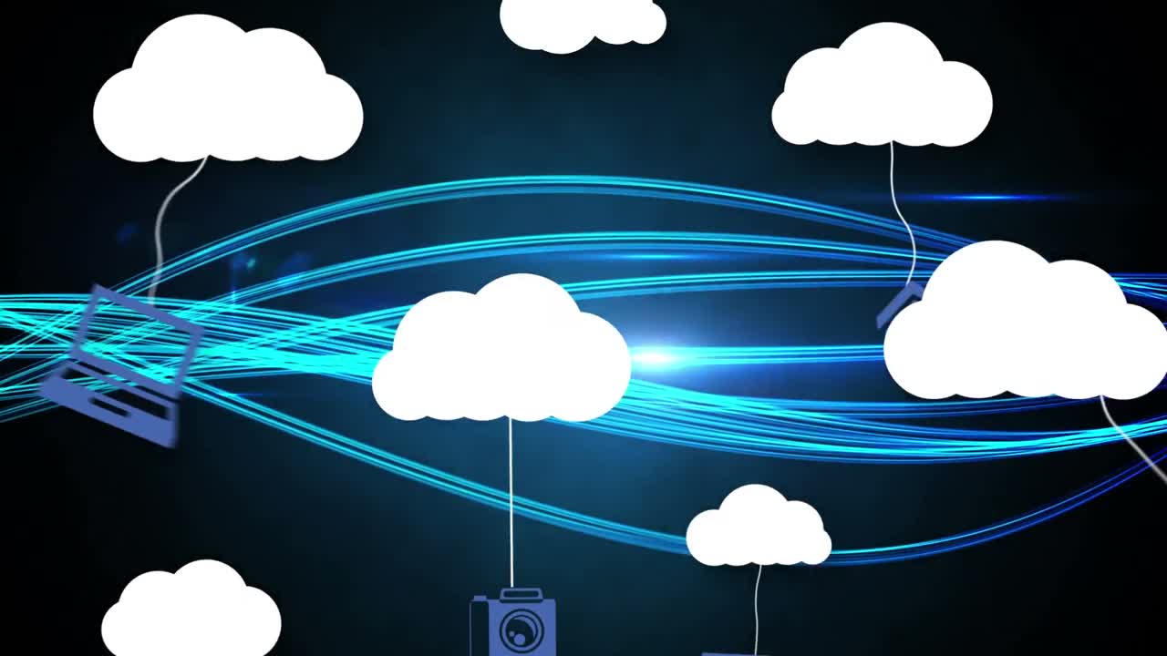 검은 바탕에 있는 미디어 아이콘과 빛의 흔적의 애니메이션