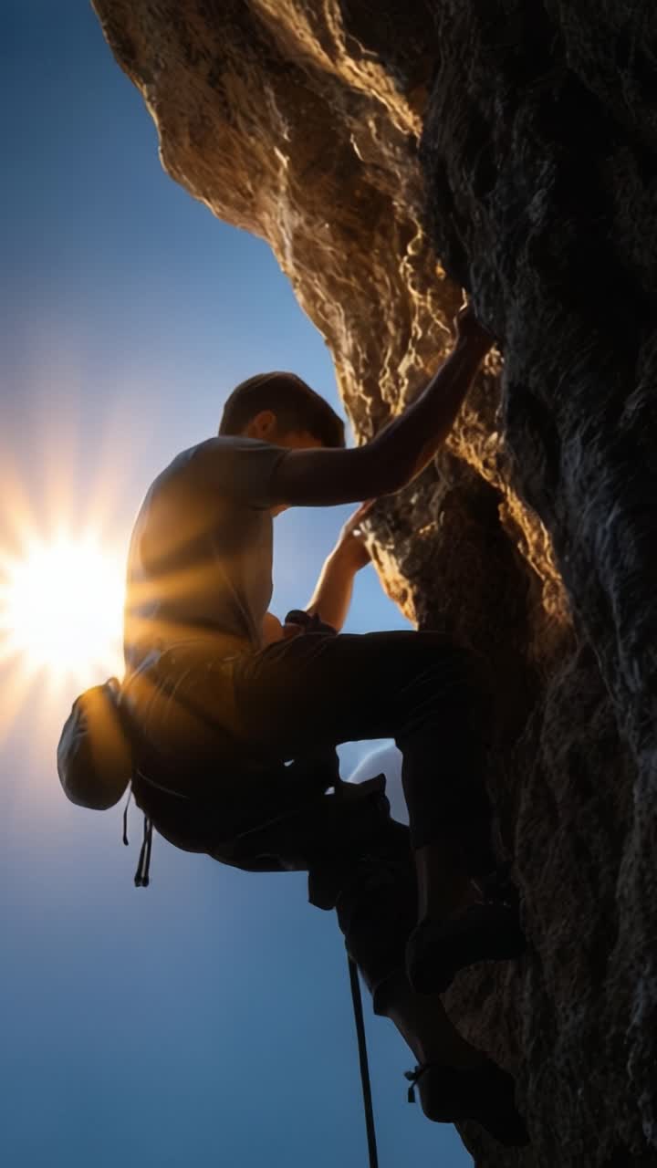 Um escalador apaixonado escala um rochedo acidentado, iluminado pelos raios do sol enquanto ele navega habilmente a desafiadora parede rochosa com determinação e foco.
