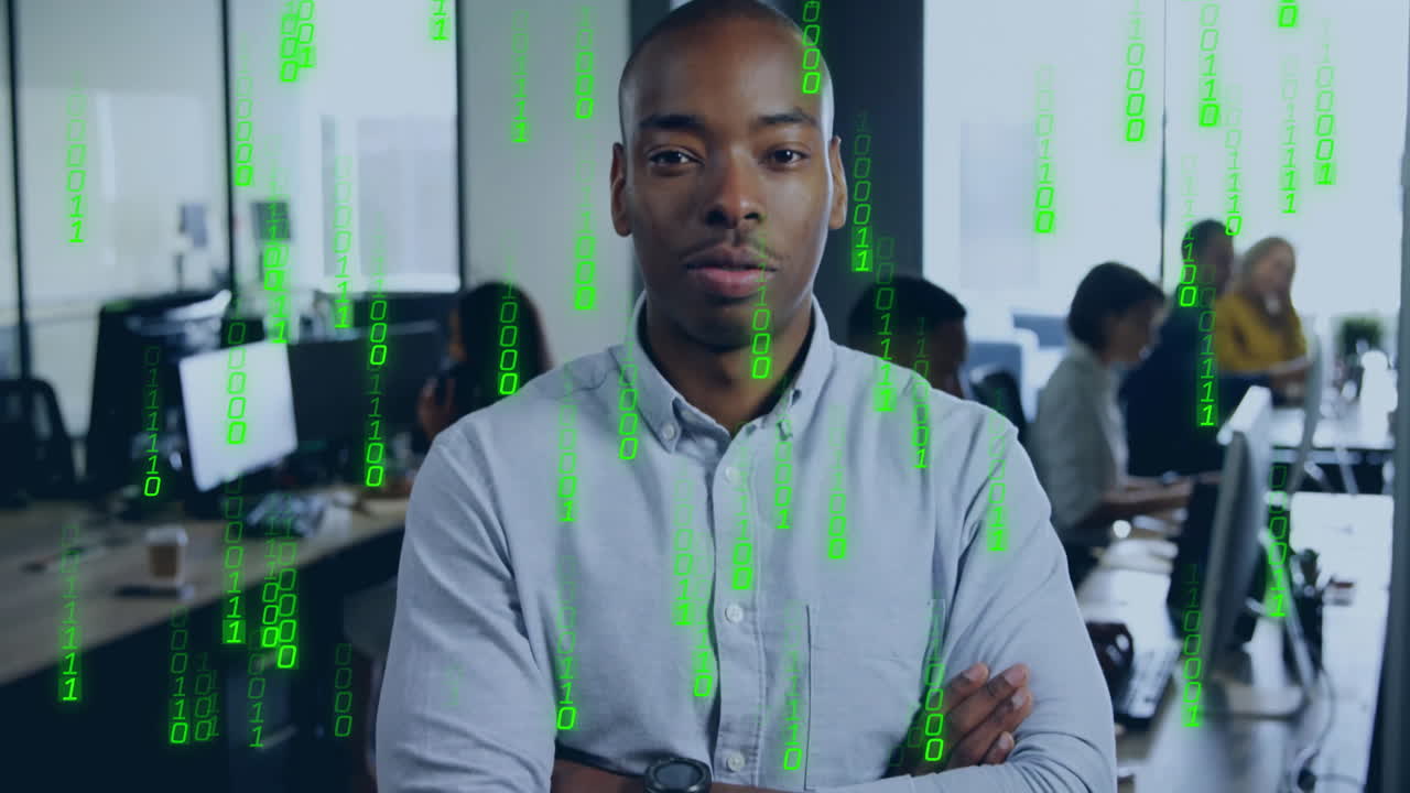 Animation of binary coding data processing over diverse business people in office