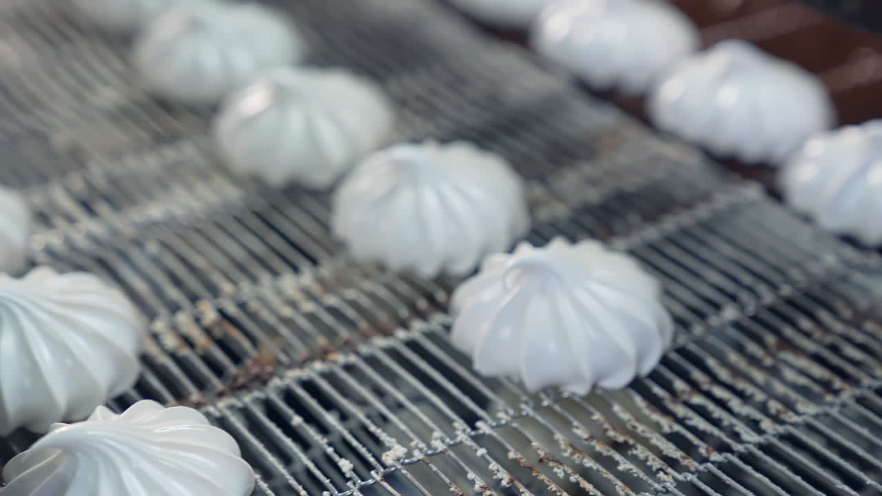 Marshmallow conveyor factory making. Industrial tasty sweet production.