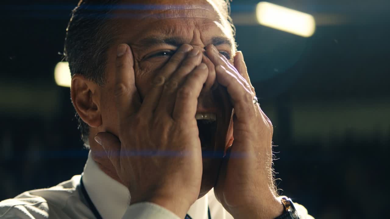 Shouting man in dress shirt and lanyard cupping hands at off-frame event in venue, covering face