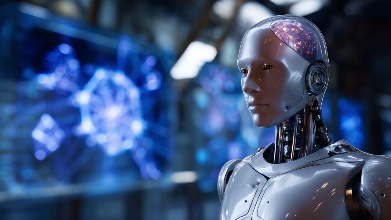 Futuristic humanoid robot with a glowing brain interface stands against a high-tech background, showcasing advanced technology and artificial intelligence innovation