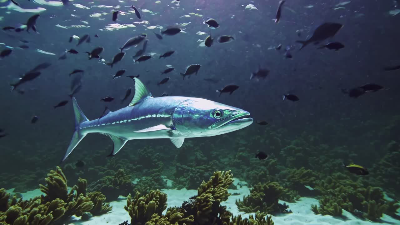 Underwater video captures a barracuda swimming among coral and fish