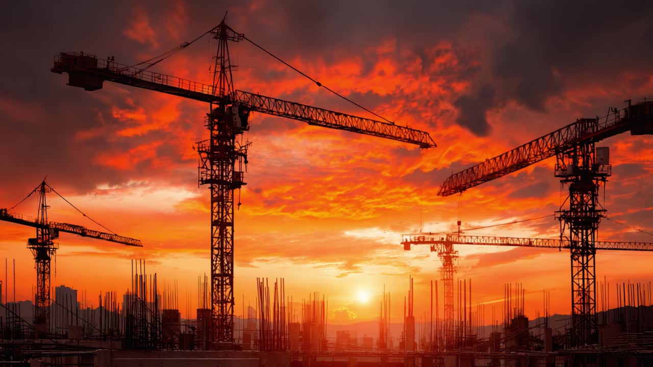Stunning Twilight Construction Scene with Cranes Silhouetted Against a Fiery Sunset Sky, Highlighting the Blend of Urban Development and Natural Beauty