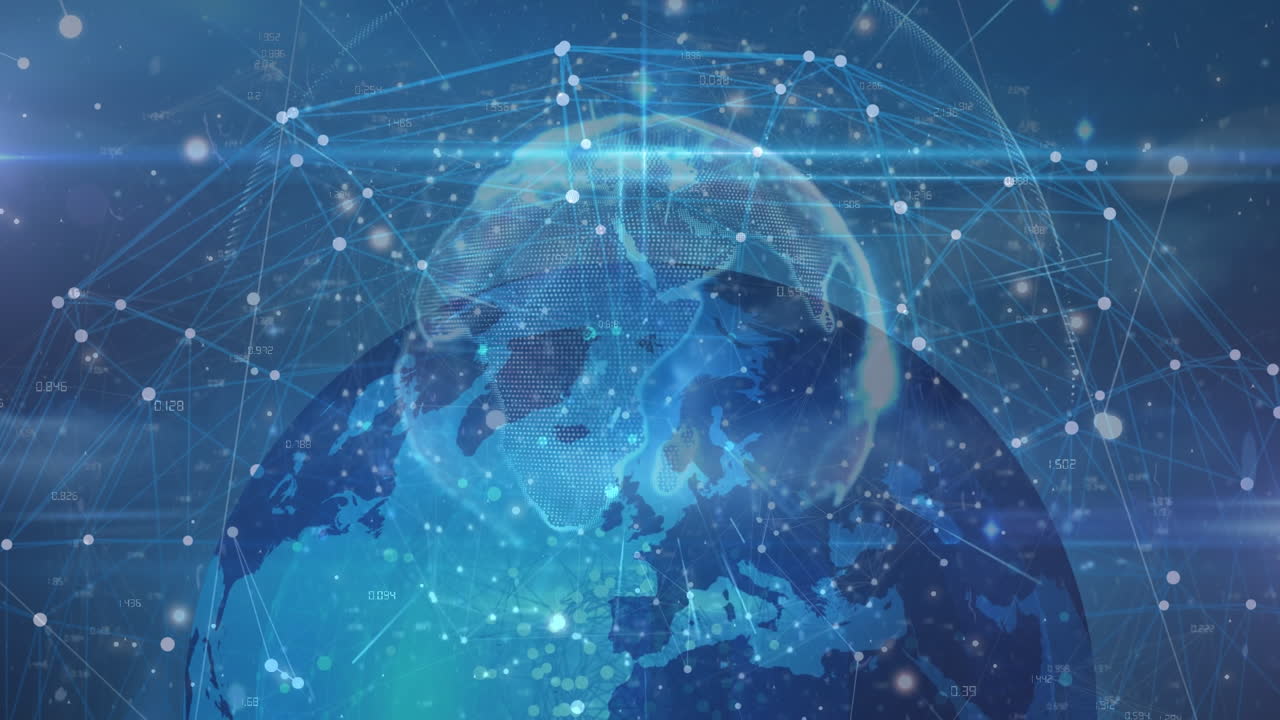 파란색 배경에 연결 네트워크를 통해 점과 지구의 애니메이션