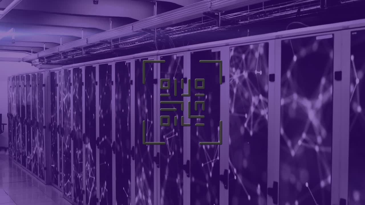 Animation of neon qr code over server room in violet