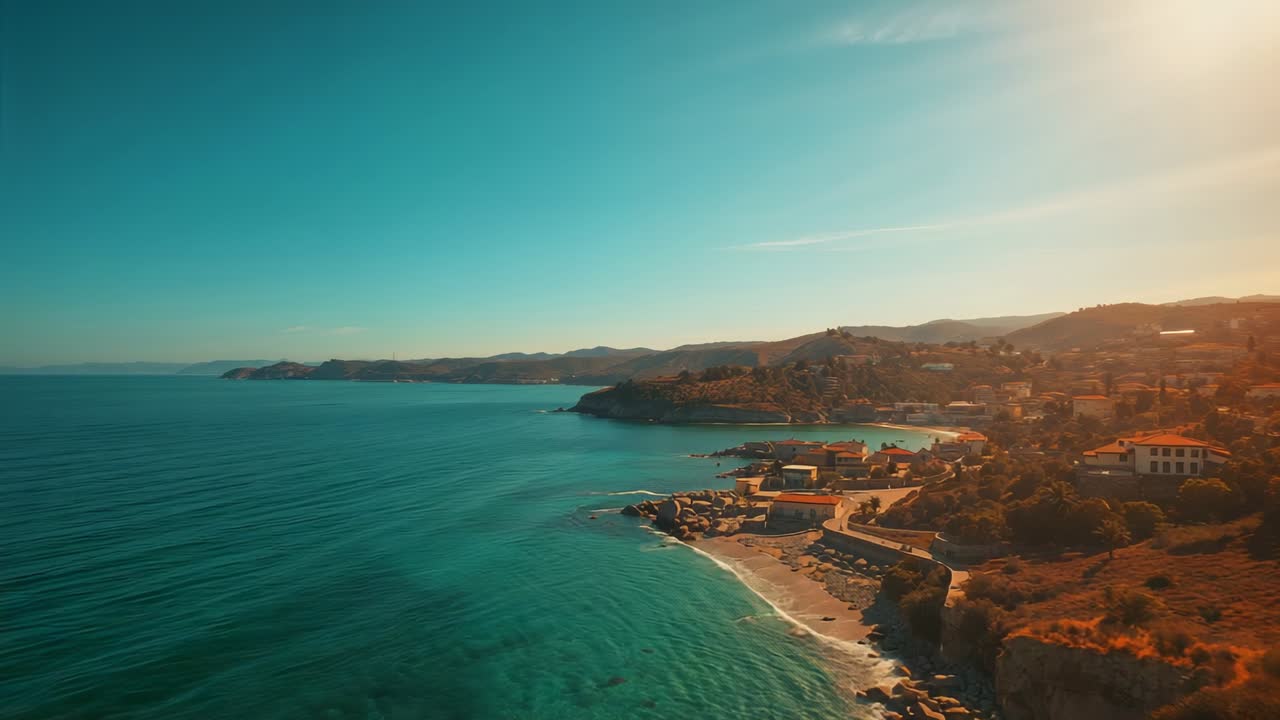 Starting drone shot panning along Mediterranean coast at dusk, revealing turquoise sea and village