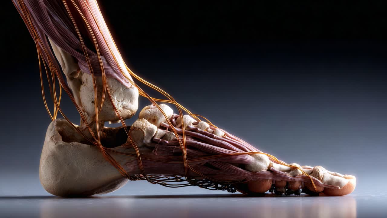 Detailed Anatomical Visualization of a Human Foot, Showcasing Muscles, Tendons, and Bones with High-Definition Clarity to Illustrate Human Physiology and Structure in Motion