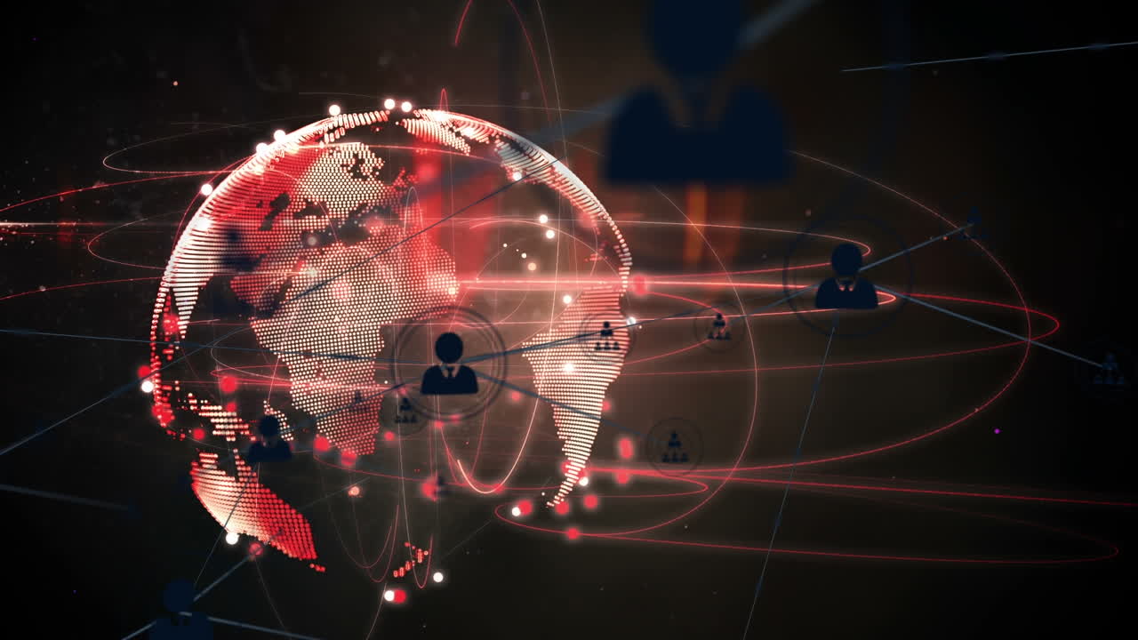 검은 바탕에 전 세계에 있는 아이콘으로 연결된 네트워크의 애니메이션