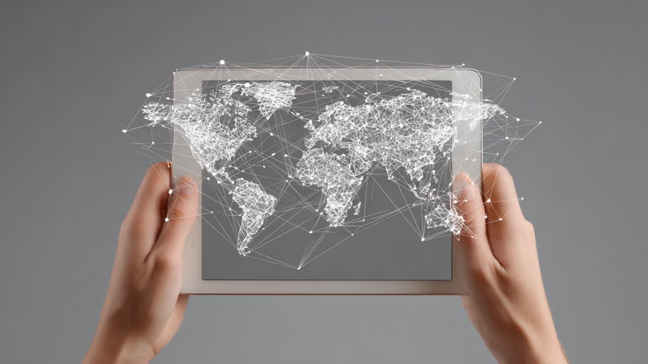 A Connected World: Hands Hold a Digital Tablet Displaying an Illuminated, Interconnected Global Map with Neural Network-like Patterns