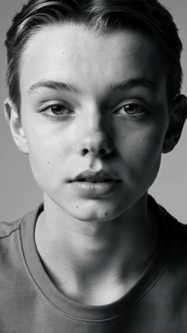 Vídeo vertical: Modelo adolescente posando em estúdio, piscando enquanto a câmera grava para um retrato.