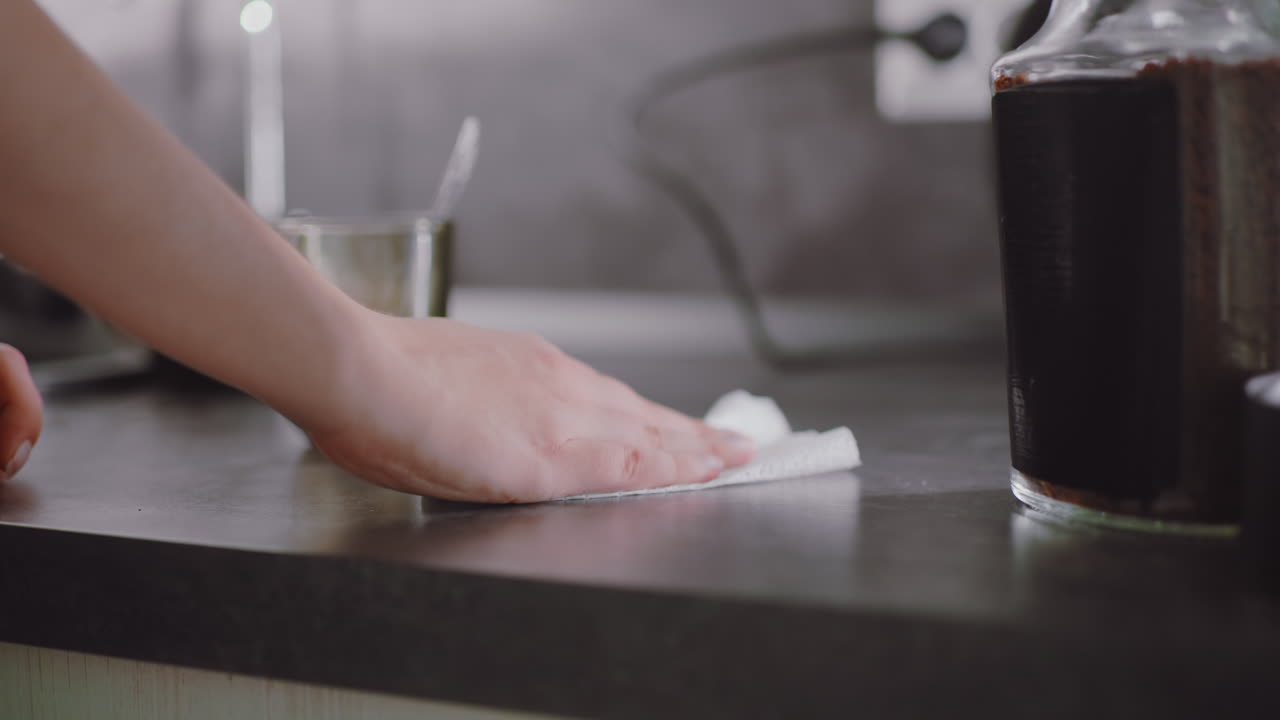 Close up of human hand wiping wet kitchen countertop using paper towel beside electric kettle and coffee jar, showing household cleanliness, morning routine, personal hygiene