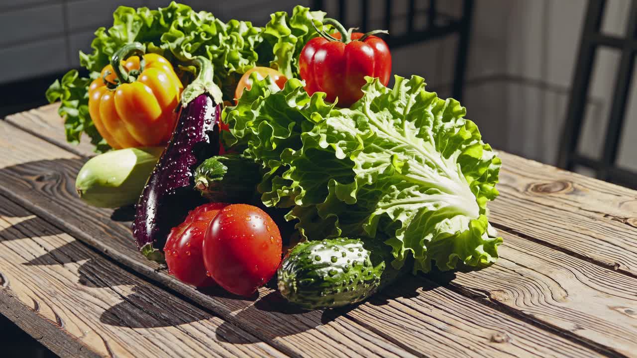 Verdure fresche su un tavolo rustico di legno, riprese da un'angolazione bassa, perfette per una composizione fresca