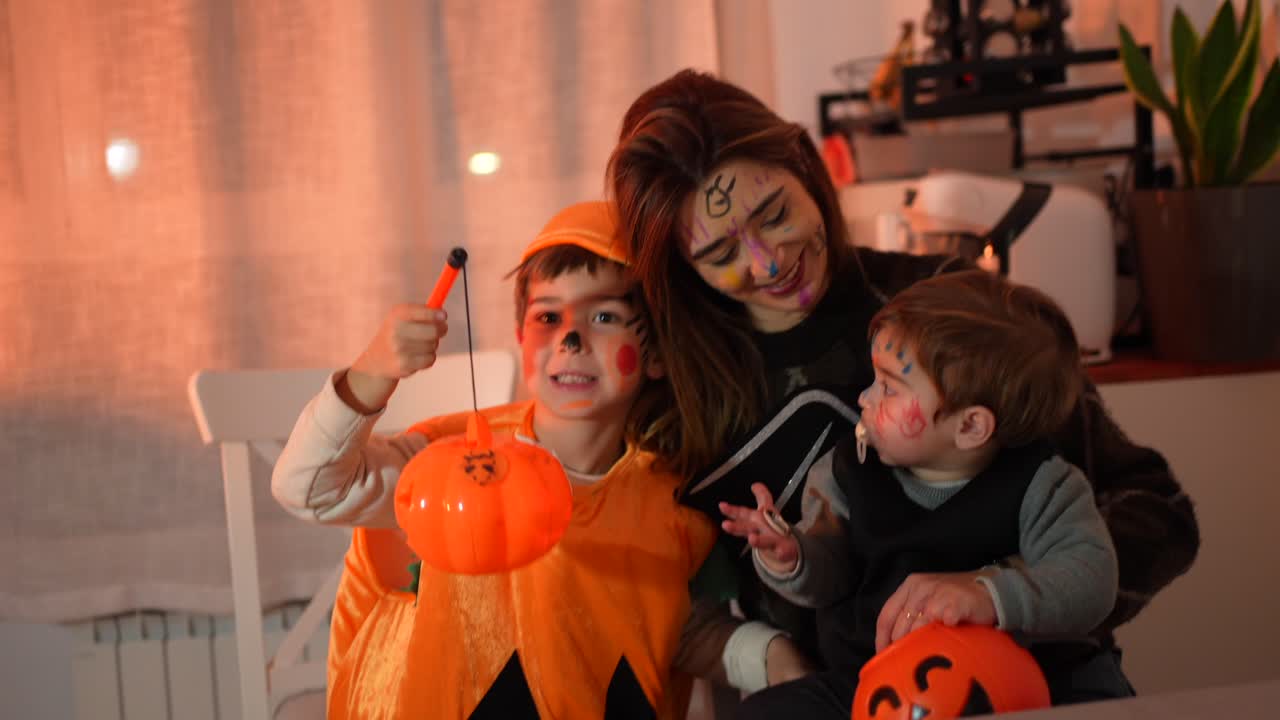 Family Halloween Celebration with Face Paint and Costumes