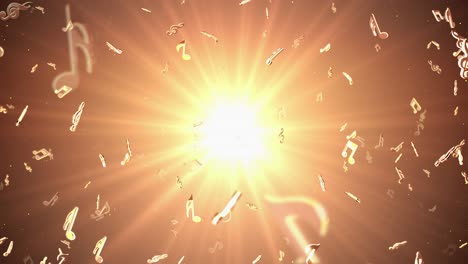 Seamless ed animated camera flight through the tunnel golden shinig music notes floating in the air