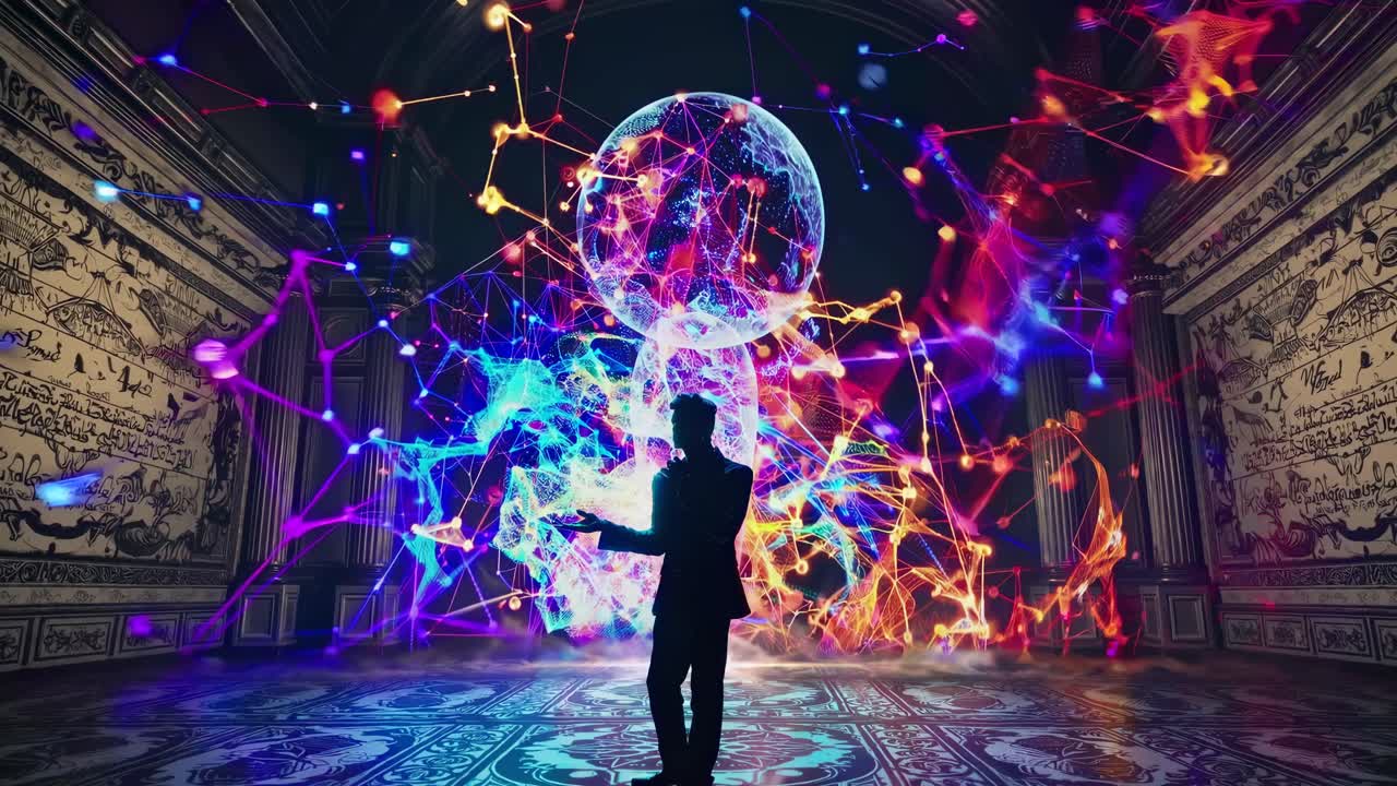 Un uomo in una grande sala interagisce con grafica olografica