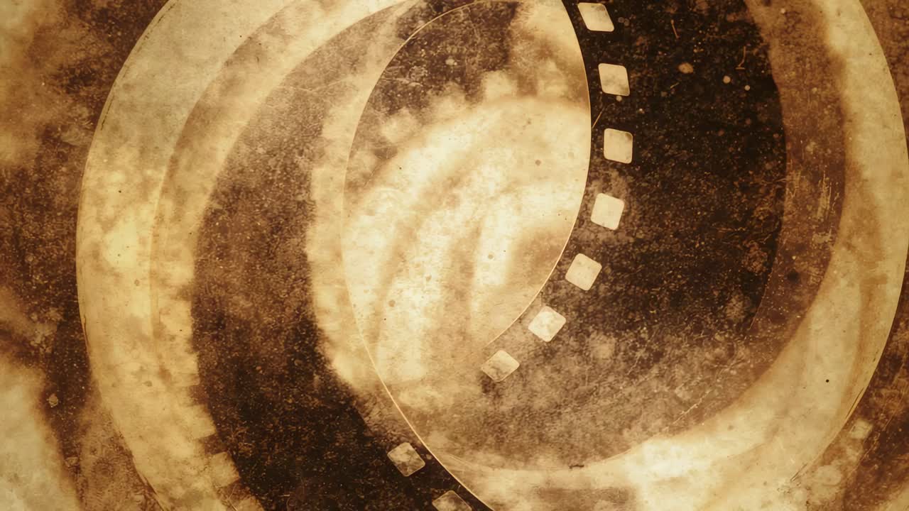 Animating frames rolling, filmstrip spiral rotating and unwinding in sepia with sprockets, archival