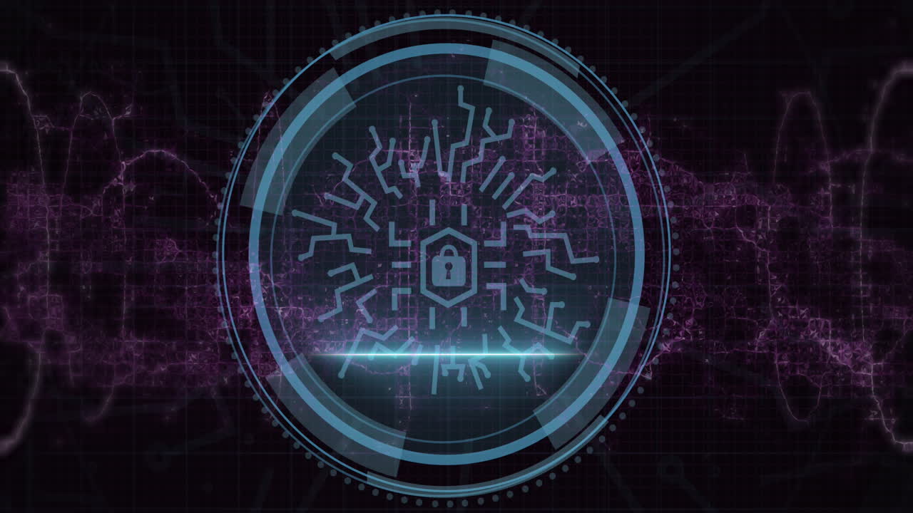 Animation of padlock digital icon and data processing over black background