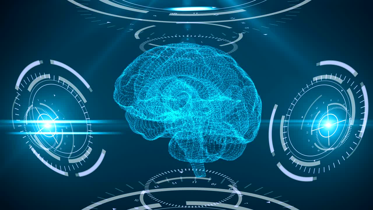 Digital scanning of the human brain. Abstract background with plexus, hud. Loop animation