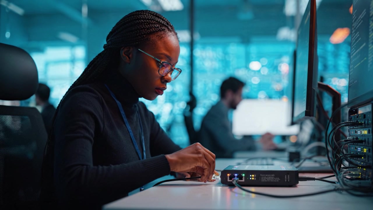 Focused Female Professional Working with Technology in a Modern Office Environment Highlights the Empowering Role of Women in Information Technology Careers.
