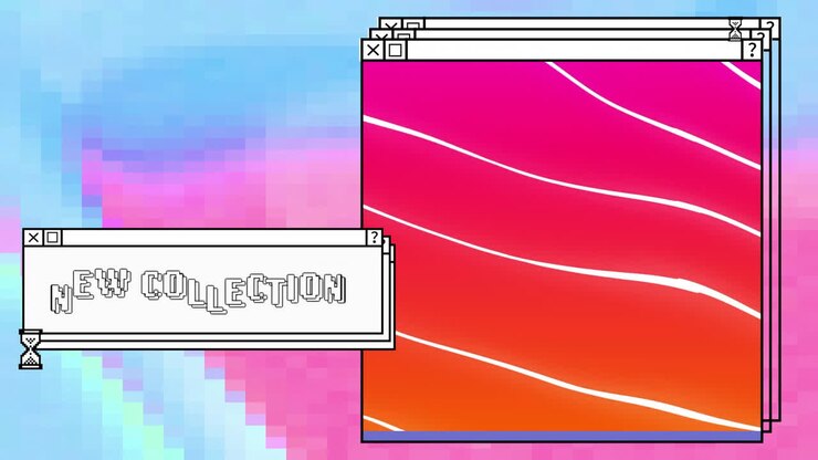 Animation of digital interface with new collection text and red shapes on colourful background