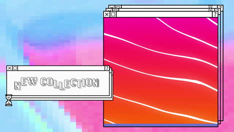animation of digital interface with new collection text and red shapes on colourful background