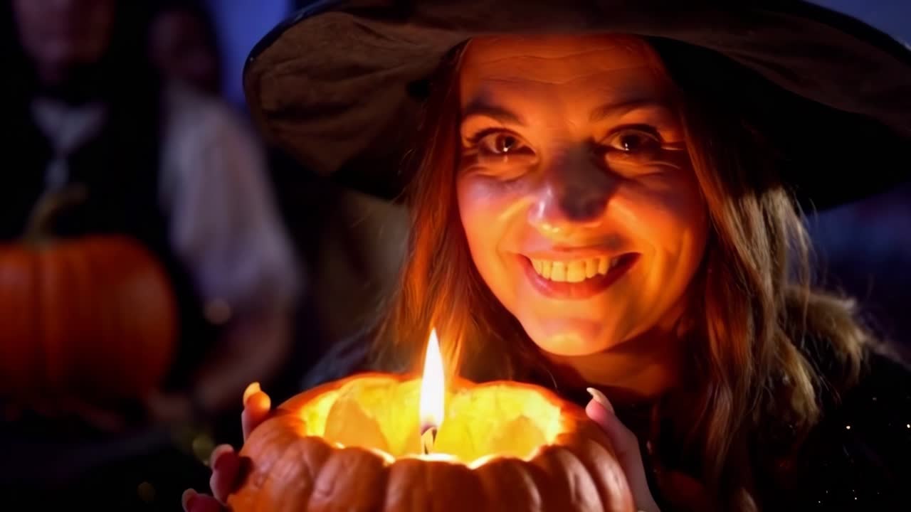 A woman is holding a pumpkin lantern with a candle inside