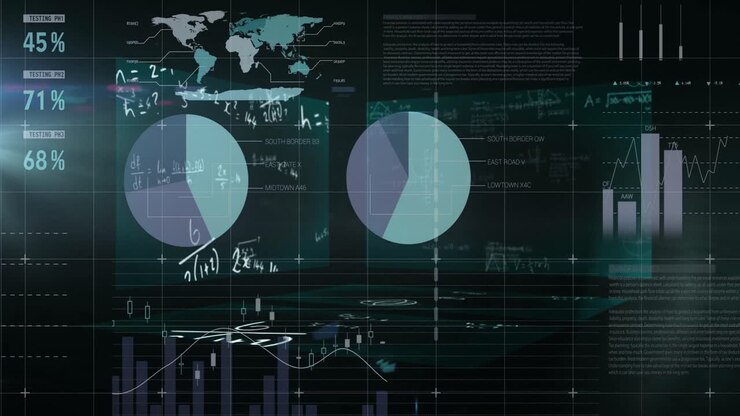Mathematical equations floating against statistical data processing against black background